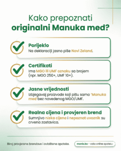Infografika kako prepoznati orginalni manuka med