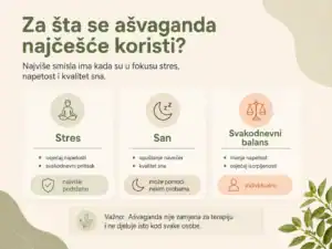 Infografika o tome za šta se ašvaganda najčešće koristi: stres, san i svakodnevni balans