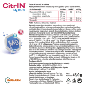 CitrIN Mg DUO magnezijum citrat + magnezijum bisglicinat 30 tableta sastav